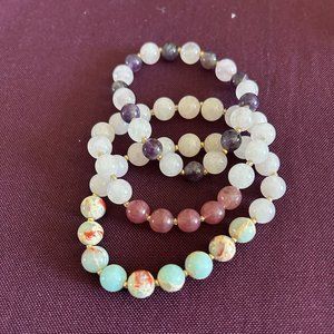 Natural Gemstone Beaded Stretch Bracelet Set | Rose Quartz, Amethyst & Jasper |